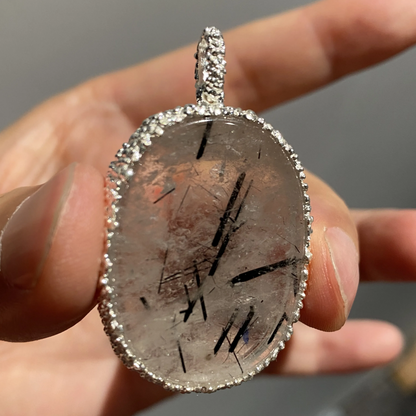 Natural Rutile Quartz Pendant | 925 Silver Tourmalinated Necklace | Raw Crystal Healing Jewelry Gift for Her or Him