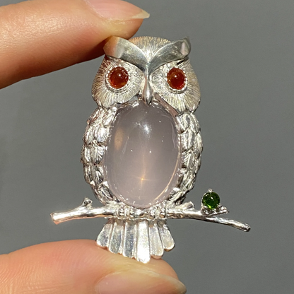 Owl Brooch Pendant in 925 Silver with Rose Quartz & Garnet Eyes | Handmade Wisdom Amulet Jewelry | Gift for Her