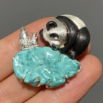Panda Brooch Pendant in 925 Silver & Raw Turquoise | Handmade Animal Totem Jewelry | Healing Gift for Her or Nature Lovers
