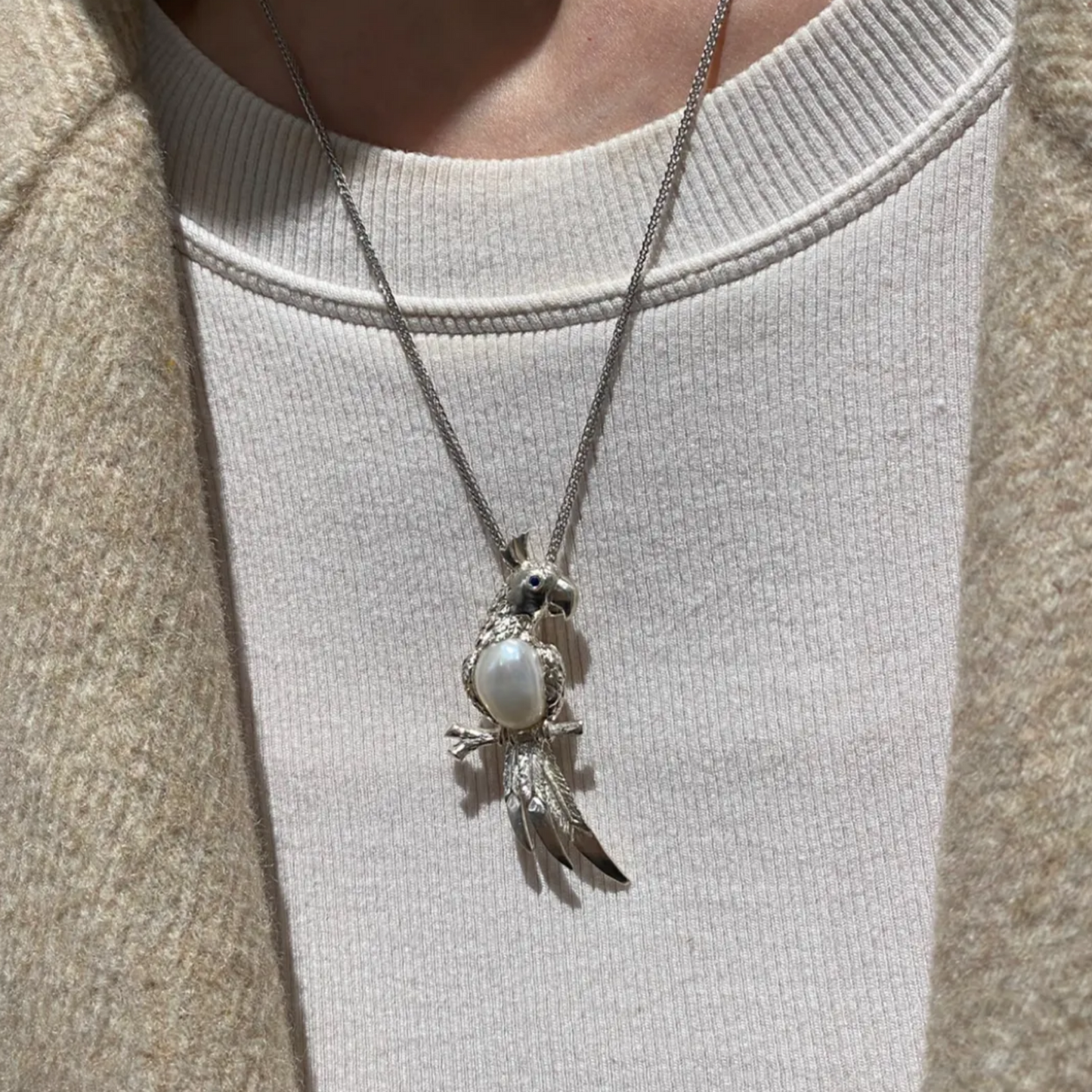 Parrot Brooch Pendant 2-in-1 | 925 Silver & Pearl | Handmade Nature Gift for Her