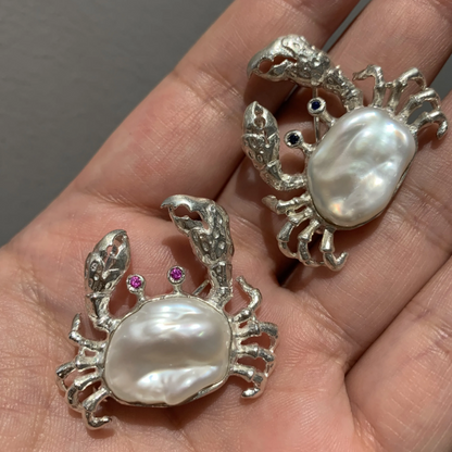 925 Silver Crab Brooch Pendant | Baroque Pearl & Sapphire Jewelry | Ocean Amulet Gift for Women