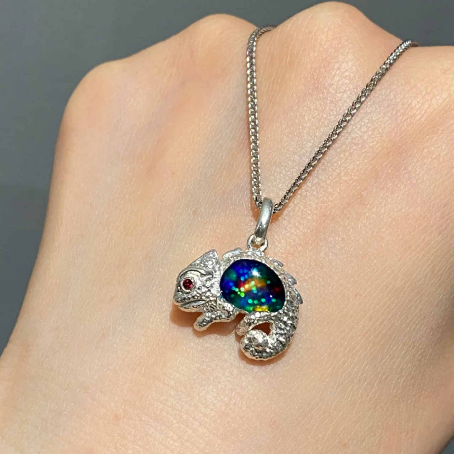 925 Silver Chameleon Pendant | Ruby Eye Totem Necklace | Handmade Enamel Animal Jewelry Gift for Her or Him