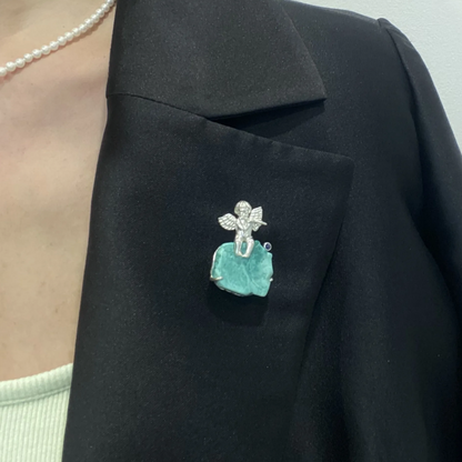 Angel Brooch Pendant | 925 Silver & Raw Turquoise | Handmade Spiritual Gift for Her