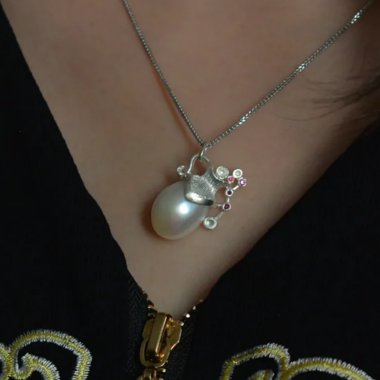 Aquarius Zodiac Pendant | 925 Silver Pearl & Ruby Necklace | Astrology Jewelry Gift for Her or Him