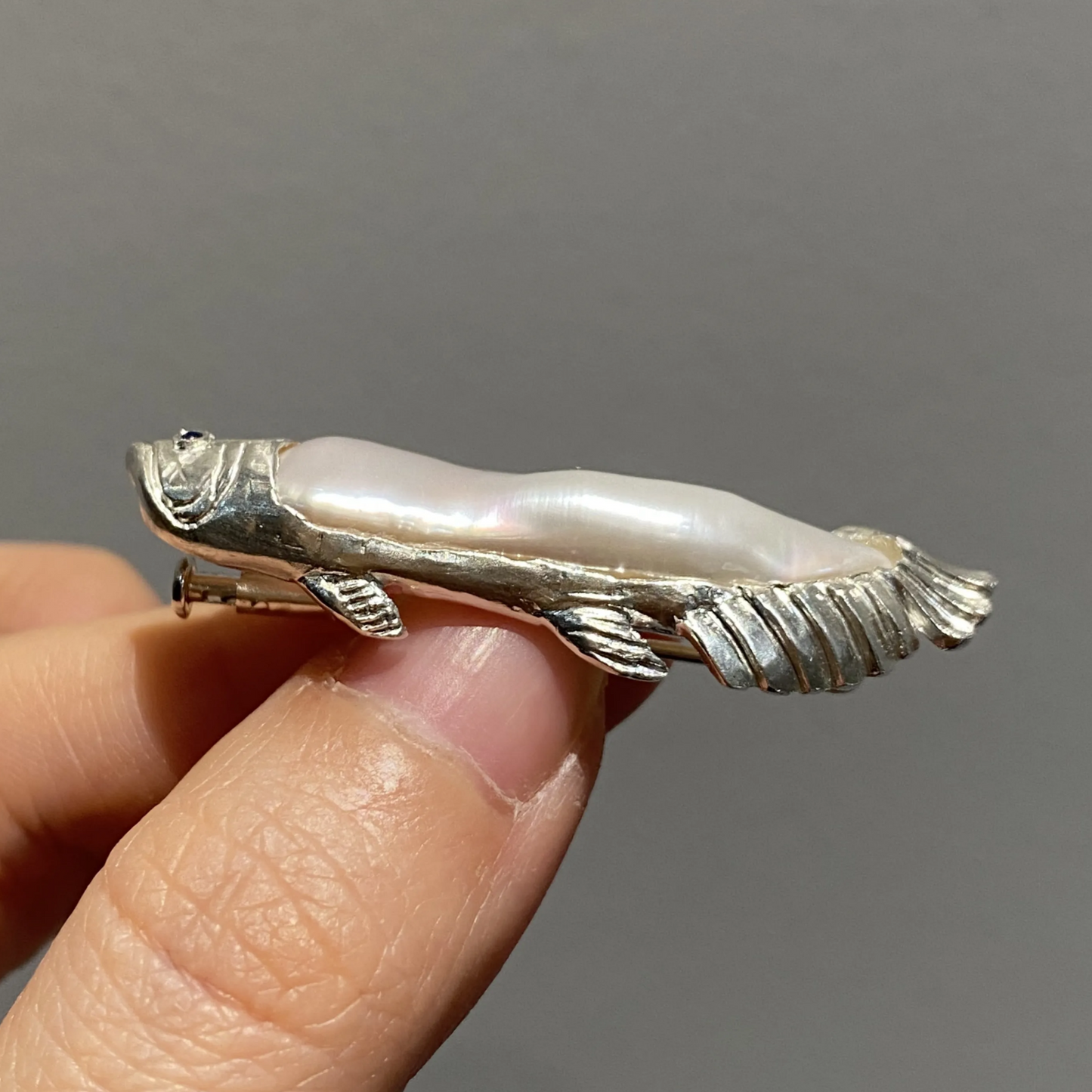 925 Silver Arowana Fish Brooch Pendant | Pearl & Sapphire Jewelry | Handmade Lucky Charm Gift for Success & Protection