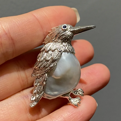 Bird Brooch Pendant | 925 Silver, Pearl & Sapphire | Handmade Nature Jewelry Gift for Her