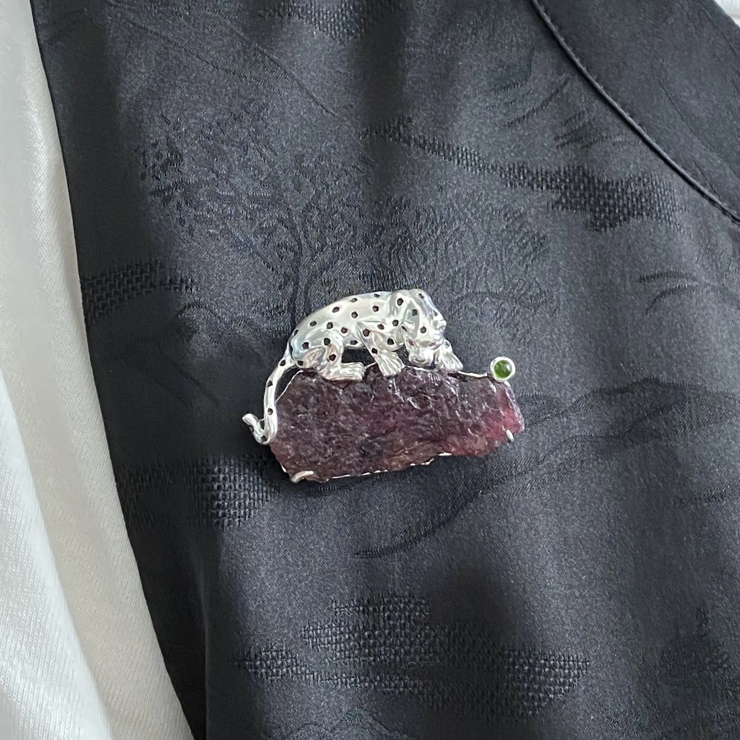 Leopard Brooch Pendant | 925 Silver & Raw Tourmaline | Handmade Animal Totem Gift for Strength & Healing