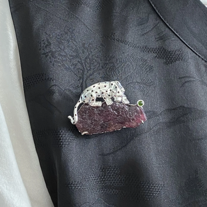 Leopard Brooch Pendant | 925 Silver & Raw Tourmaline | Handmade Animal Totem Gift for Strength & Healing
