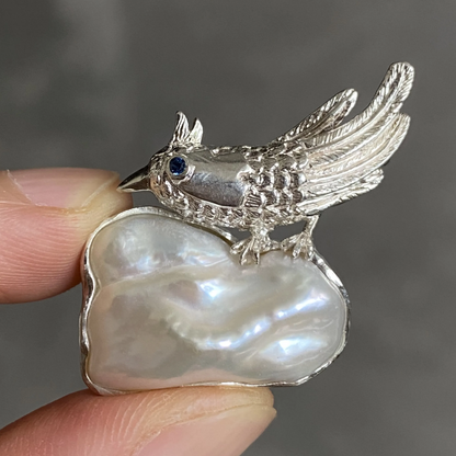 925 Silver Bird Brooch Pendant | Baroque Pearl & Sapphire Jewelry | Handmade Gift for Women