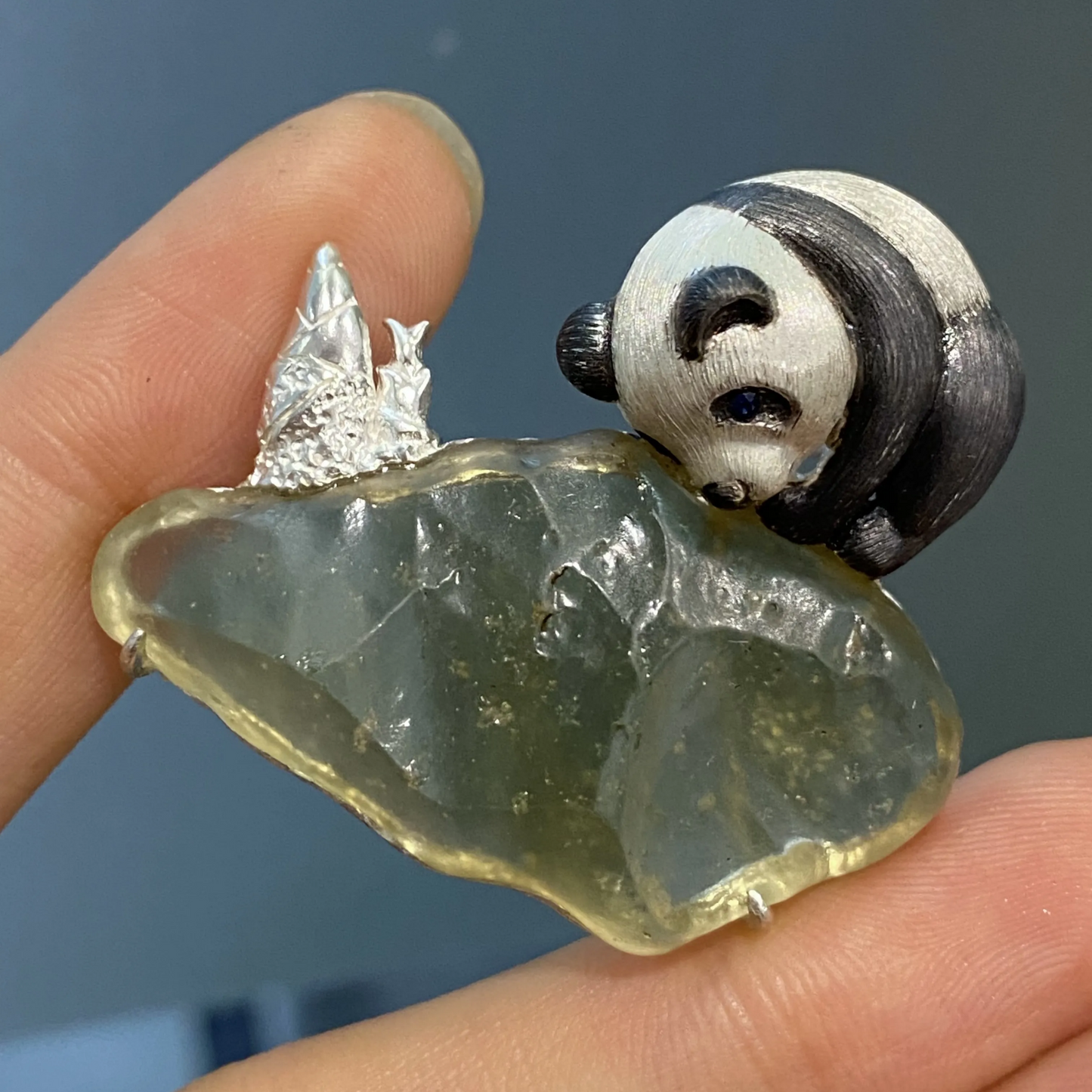 Panda Brooch Pendant in 925 Silver & Natural Glass | Handmade Animal Totem Jewelry | Nature Lover Gift for Her