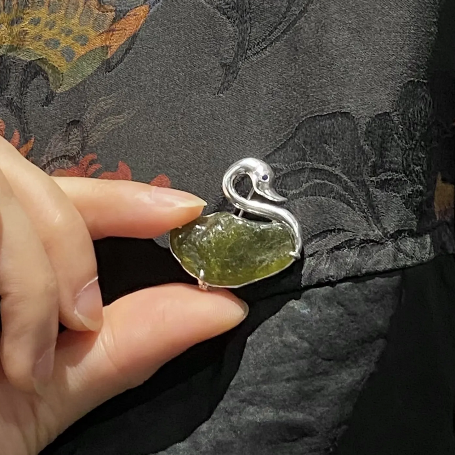 Swan Brooch Pendant | 925 Silver & Raw Tourmaline | Handmade Nature Amulet Gift for Her