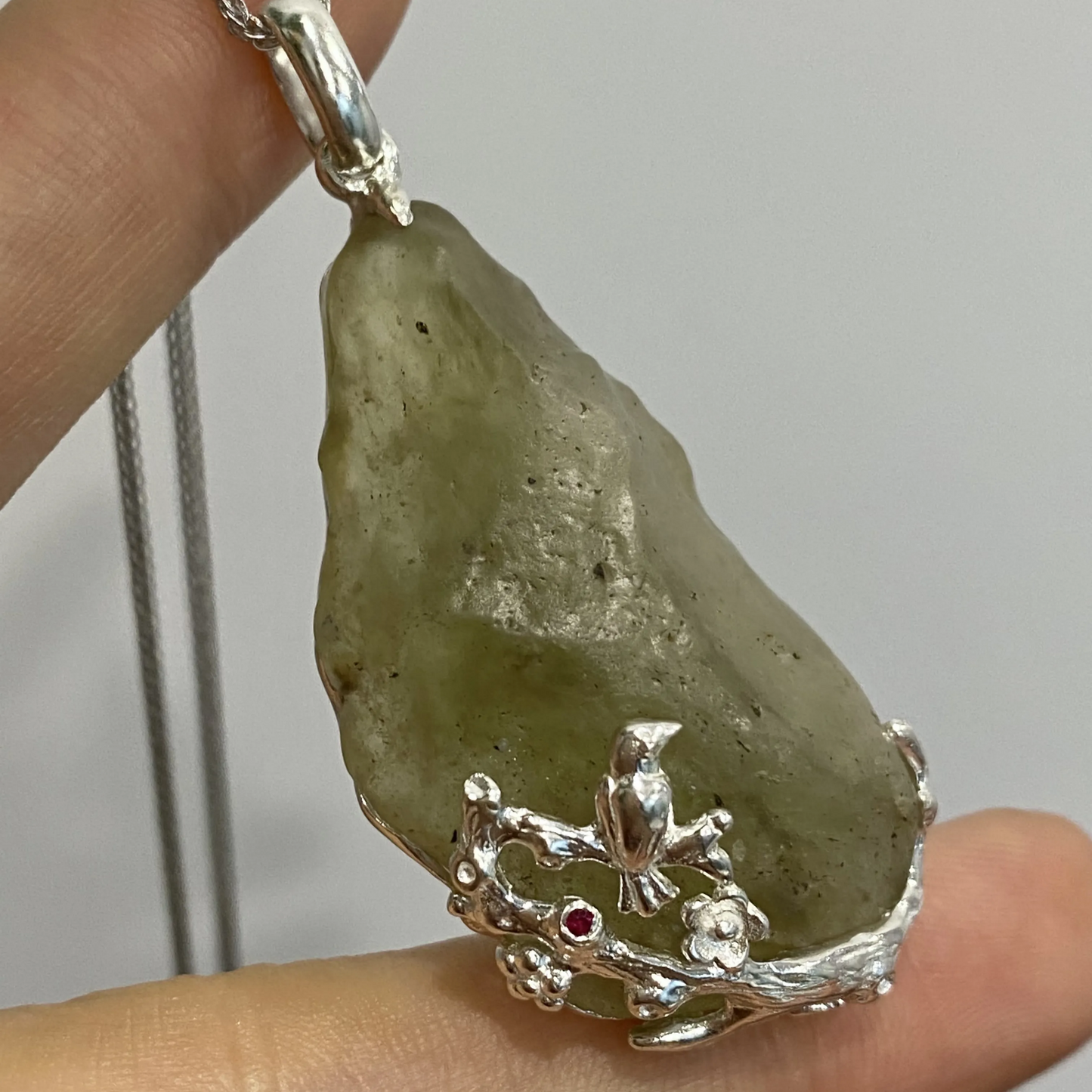 Joy on the Plum Branch Pendant in 925 Silver with Libyan Desert Glass | Handmade Magpie & Blossom Totem Jewelry | Lucky Gift for Her