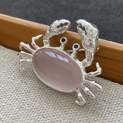 Crab Brooch Pendant in 925 Silver with Rose Quartz | Handmade Zodiac Cancer Totem Jewelry | Emotional Healing