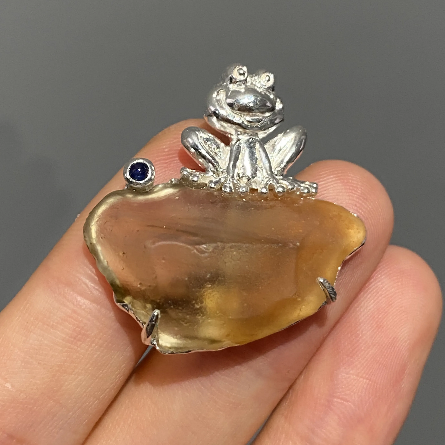 925 Silver Frog Brooch Pendant | Natural Glass Stone & Sapphire Eye | Handmade Lucky Charm Jewelry | Gift for Her