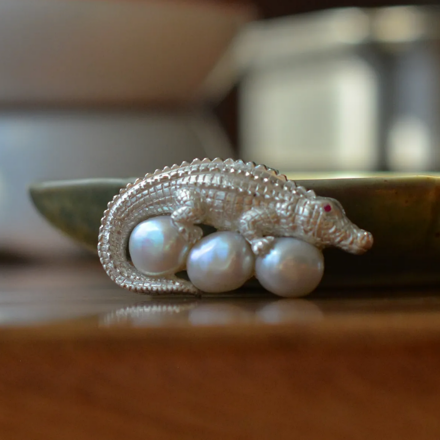 925 Silver Crocodile Brooch Pendant | Freshwater Pearl & Ruby Eyes | Gift of Strength & Protection