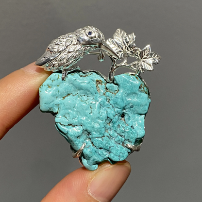 Turquoise Bird Brooch Pendant | 925 Silver Animal Jewelry | Handmade Healing Gift for Her