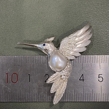 925 Silver Hummingbird Brooch Pendant | Natural Pearl & Sapphire Jewelry | Handmade Gift for Women | Spiritual Animal Totem Pin