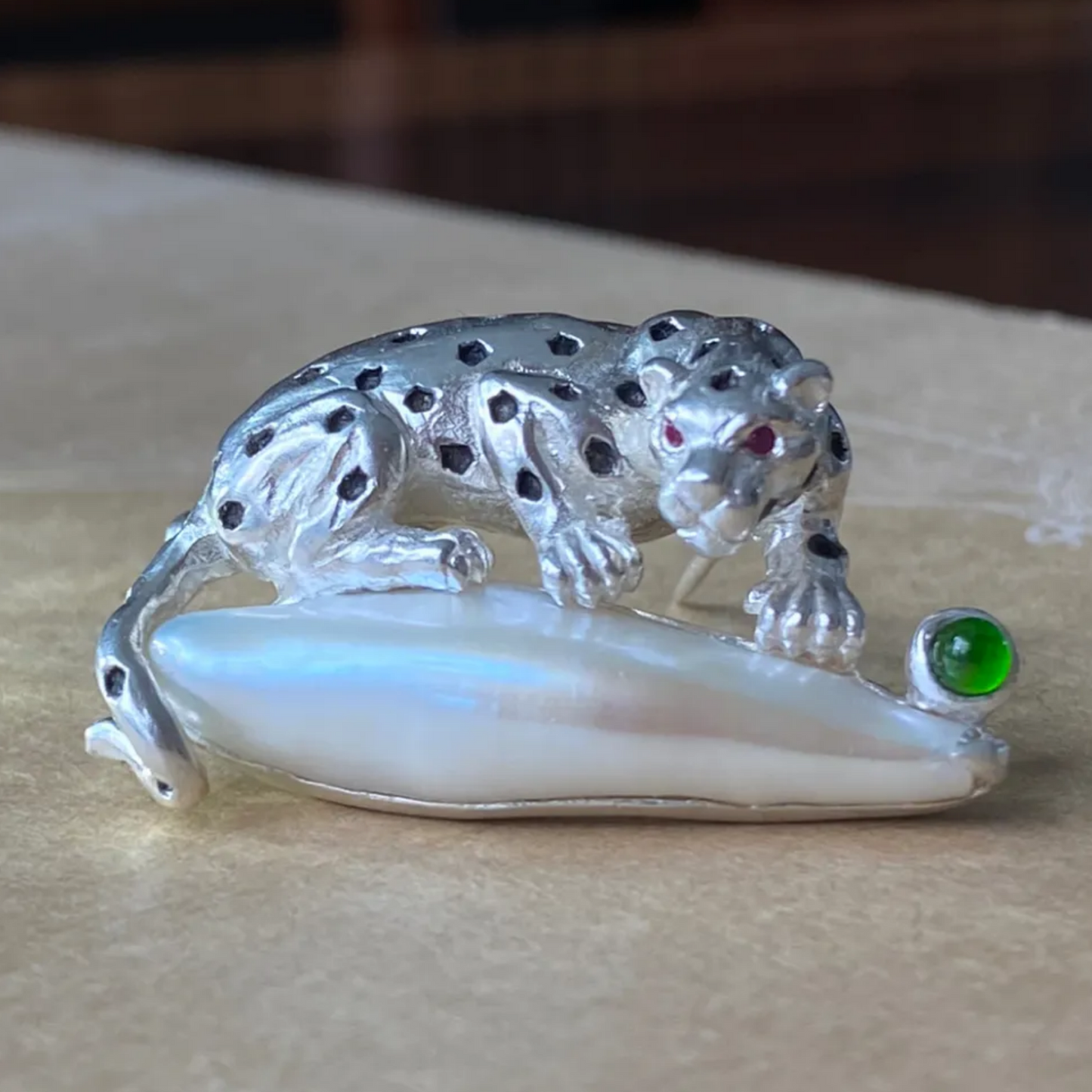 925 Silver Leopard Brooch Pendant | Pearl & Ruby Jewelry | Handmade Totem Amulet Gift for Her | Symbol of Strength & Courage