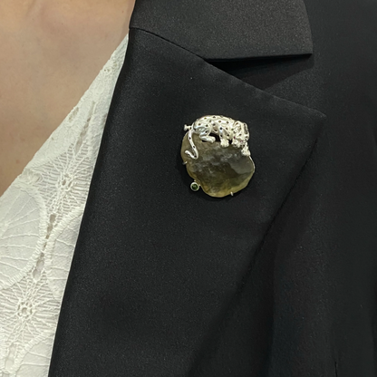 Leopard Brooch Pendant in 925 Silver & Natural Glass | Handmade Totem Jewelry | Strength Symbol Gift for Nature Lovers