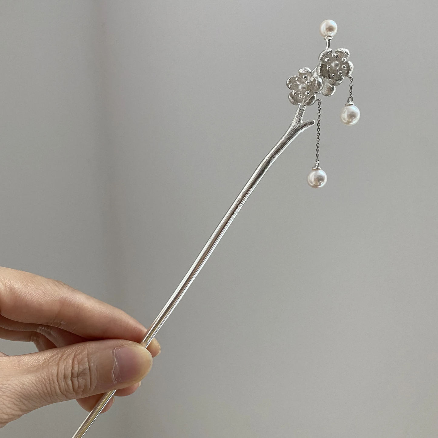 Silver Hair Stick with Pearls | Handmade Floral Hairpin | Elegant Bridal & Hanfu Gift for Her