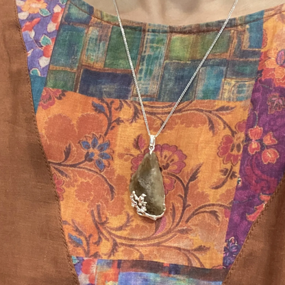 Joy on the Plum Branch Pendant in 925 Silver with Libyan Desert Glass | Handmade Magpie & Blossom Totem Jewelry | Lucky Gift for Her