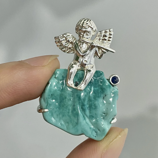 Angel Brooch Pendant | 925 Silver & Raw Turquoise | Handmade Spiritual Gift for Her