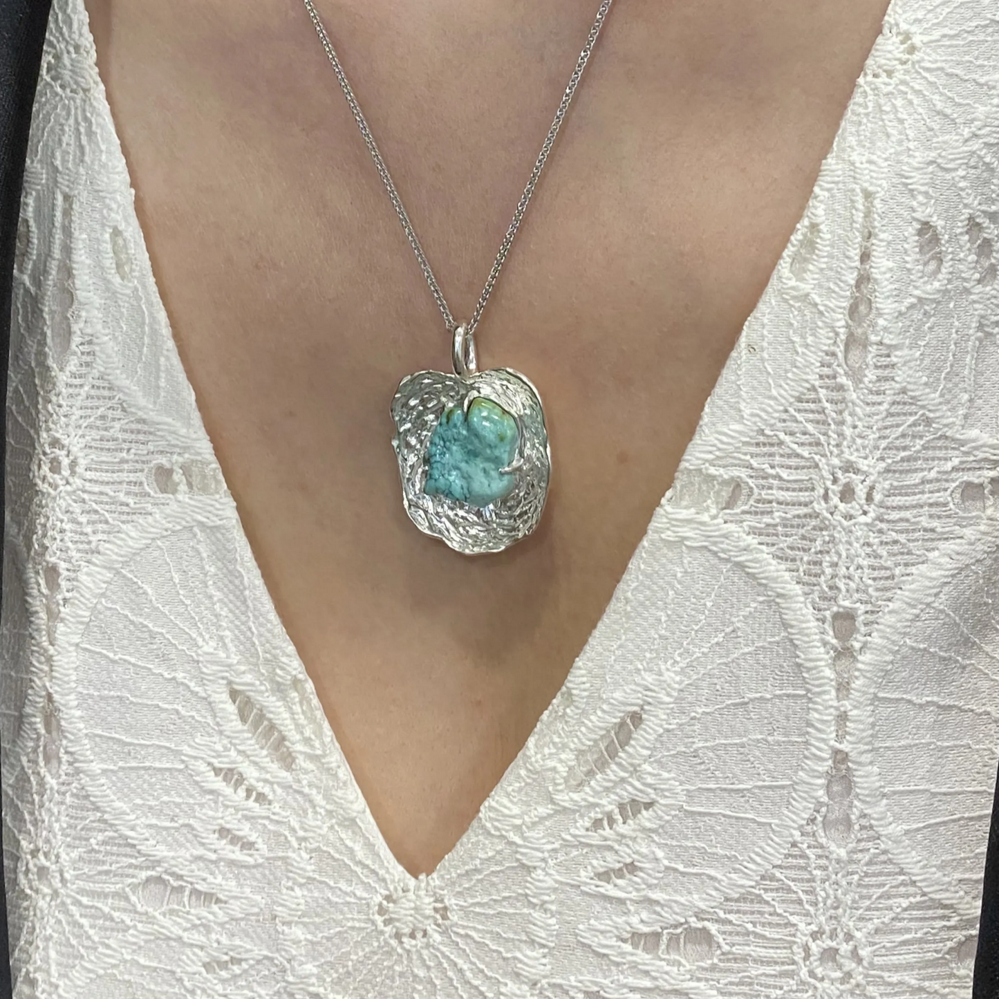 Raw Turquoise Pendant in 925 Silver | Handmade Ripple Design Necklace | Healing Talisman Gift for Her