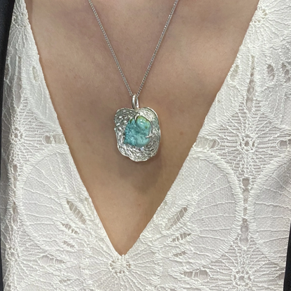 Raw Turquoise Pendant in 925 Silver | Handmade Ripple Design Necklace | Healing Talisman Gift for Her