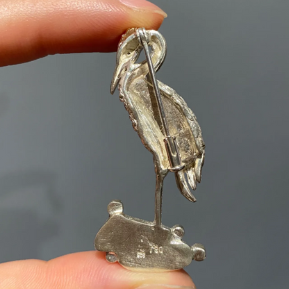 Heron Brooch Pendant | 925 Silver & Enamel | Handmade Spiritual Bird Jewelry Gift for Wisdom & Serenity