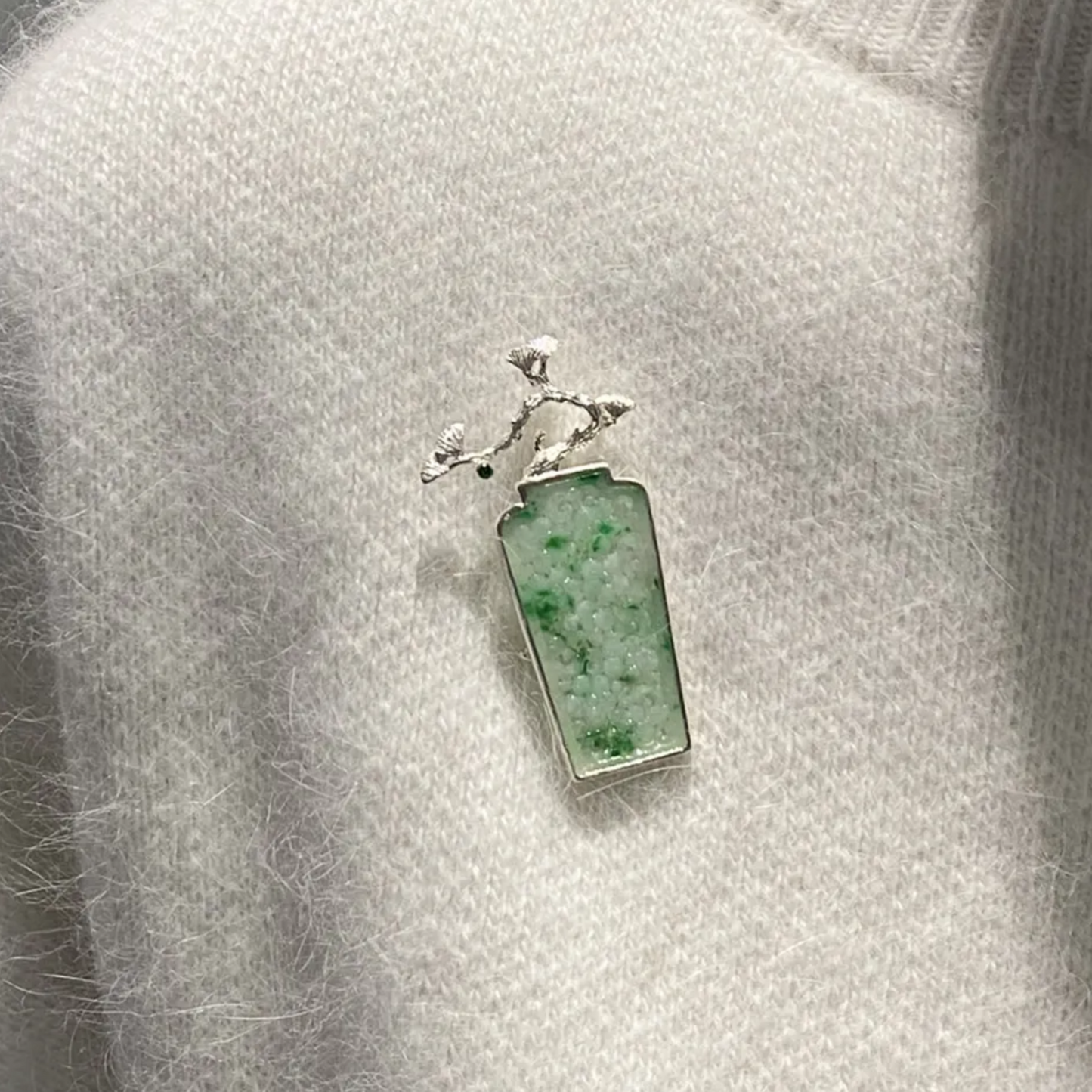 925 Silver Jade Pine Brooch Pendant | Peace & Longevity Amulet | Oriental Nature Jewelry | Gift for Parents or Elders