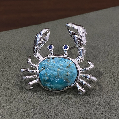 Crab Brooch Pendant in 925 Silver & Natural Turquoise | Handmade Zodiac Cancer Totem Jewelry | Gift for Her