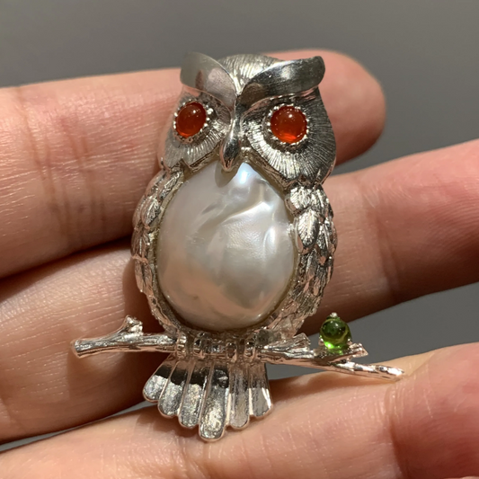 Handmade 925 Silver Owl Brooch Pendant | Pearl, Carnelian & Diopside Jewelry |  Gift for Teacher or Mom