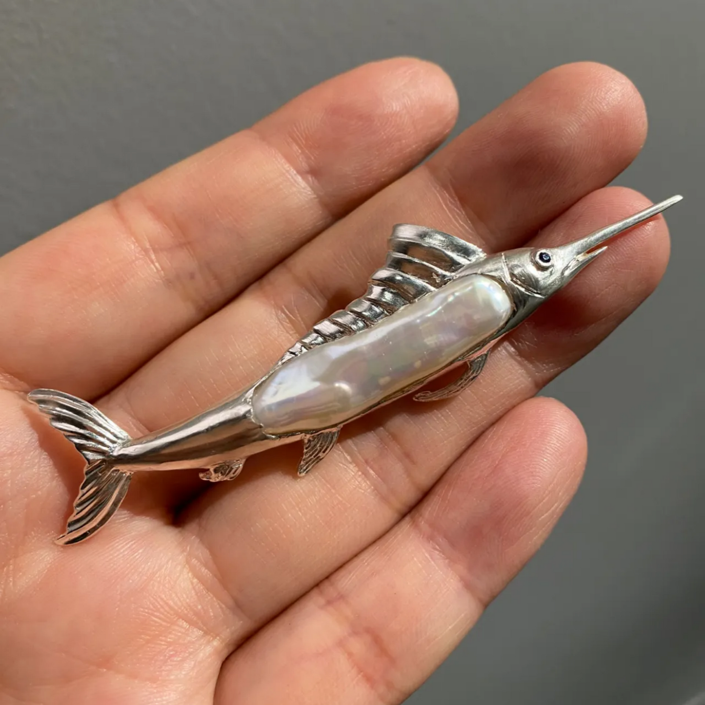 925 Silver Sailfish Brooch Pendant | Pearl & Sapphire Ocean Jewelry | Handmade Sea Totem Gift for Sailors & Dreamers