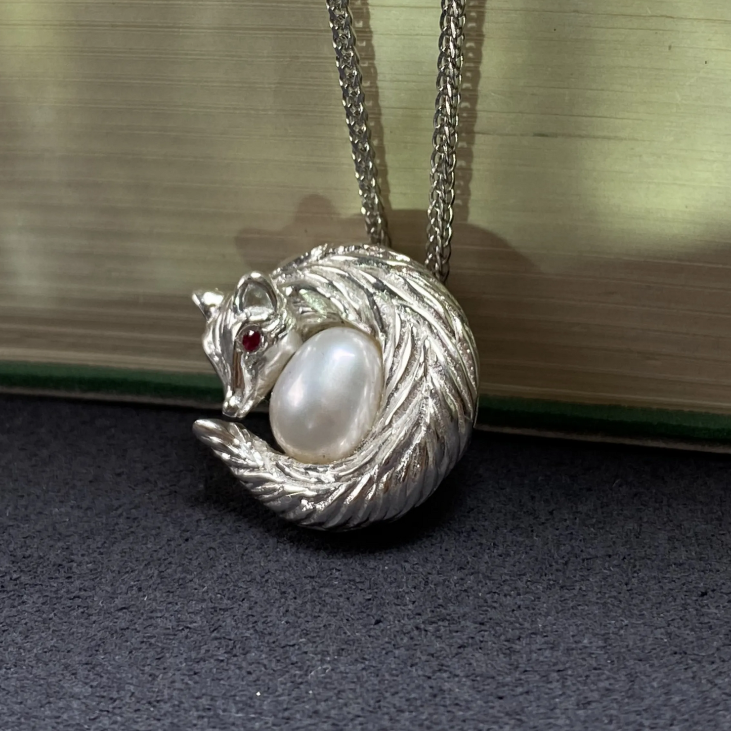 Sleeping Fox Necklace in 925 Silver with Pearl & Ruby | Handmade Animal Totem Pendant | Gift for Her or Self-Care Jewelry