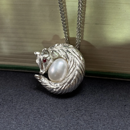 Sleeping Fox Necklace in 925 Silver with Pearl & Ruby | Handmade Animal Totem Pendant | Gift for Her or Self-Care Jewelry