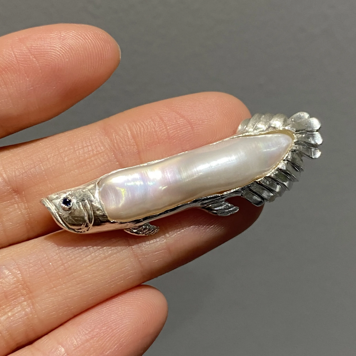 925 Silver Arowana Fish Brooch Pendant | Pearl & Sapphire Jewelry | Handmade Lucky Charm Gift for Success & Protection