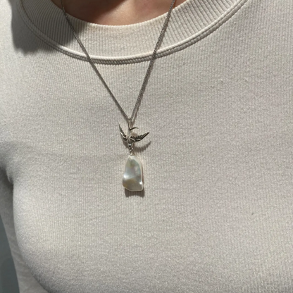 925 Silver Swallow Pearl Pendant | Handmade Bird Necklace | Natural Baroque Pearl Jewelry | Emotional Gift for Women