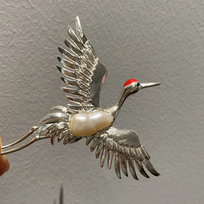 925 Silver Crane Brooch Pendant | Baroque Pearl Bird Jewelry | Oriental Handmade Gift for Mom or Elder | Blessing Totem Pin