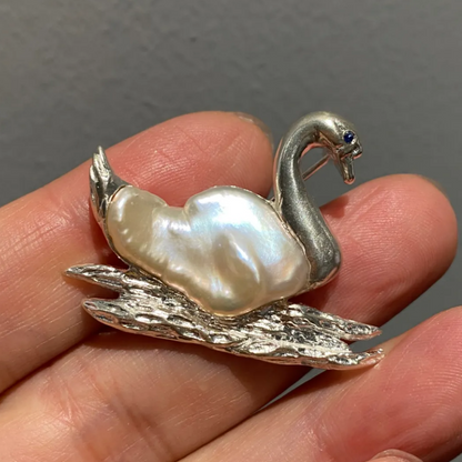 925 Silver Swan Pearl Brooch Pendant | Handmade Animal Jewelry | Sapphire Eye Bird Pin | Gift for Mom or Romantic Partner