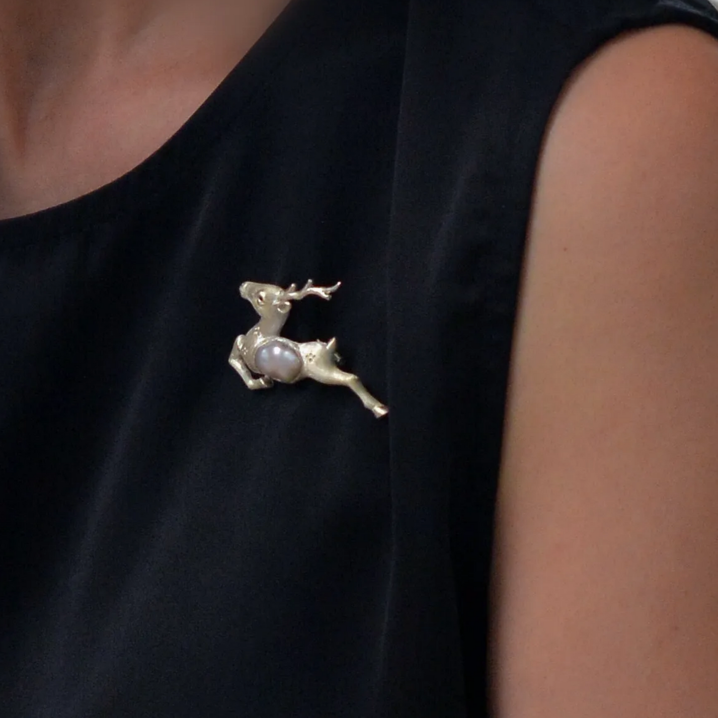 Running Deer Brooch Pendant | 925 Silver & Pearl | Handmade Nature Gift for Her