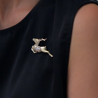Running Deer Brooch Pendant | 925 Silver & Pearl | Handmade Nature Gift for Her