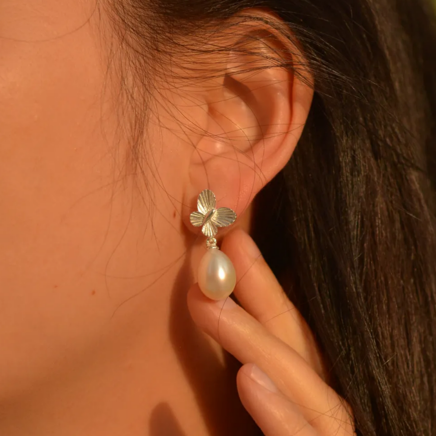 Butterfly Pearl Earrings | 925 Silver Handmade Studs | Elegant Gift for Her