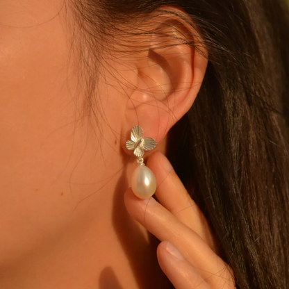 Butterfly Pearl Earrings | 925 Silver Handmade Studs | Elegant Gift for Her