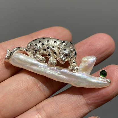925 Silver Leopard Brooch Pendant | Pearl & Ruby Jewelry | Handmade Totem Amulet Gift for Her | Symbol of Strength & Courage