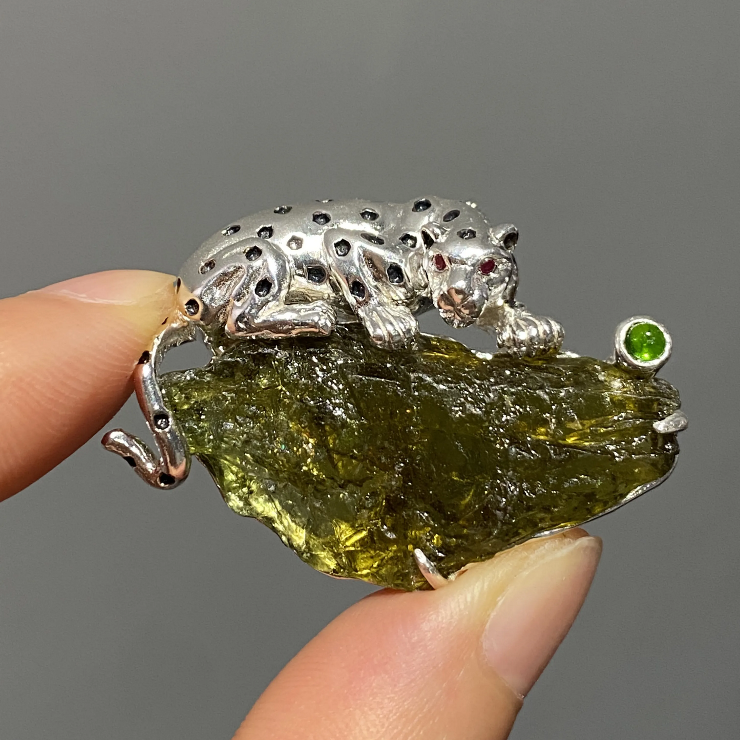 Leopard Brooch Pendant | 925 Silver & Raw Tourmaline | Handmade Animal Totem Gift for Strength & Healing