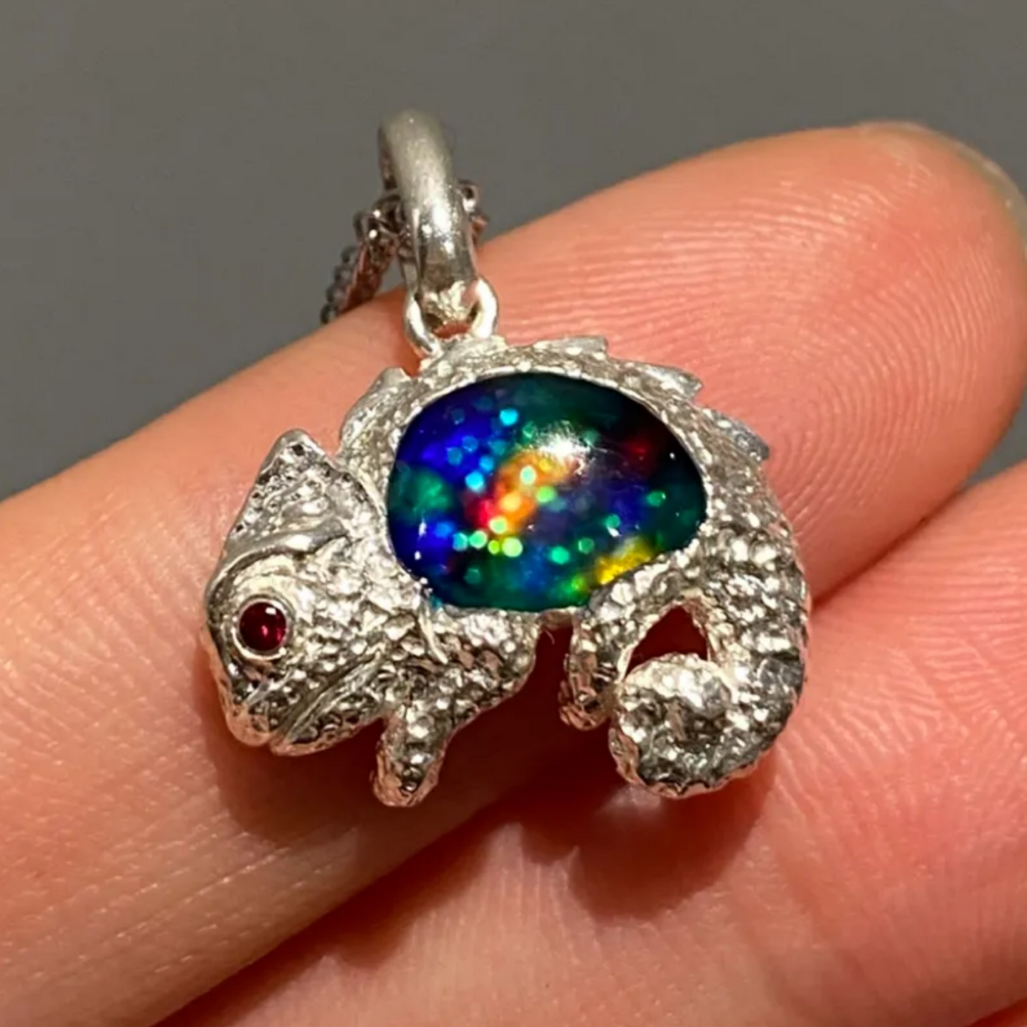 925 Silver Chameleon Pendant | Ruby Eye Totem Necklace | Handmade Enamel Animal Jewelry Gift for Her or Him