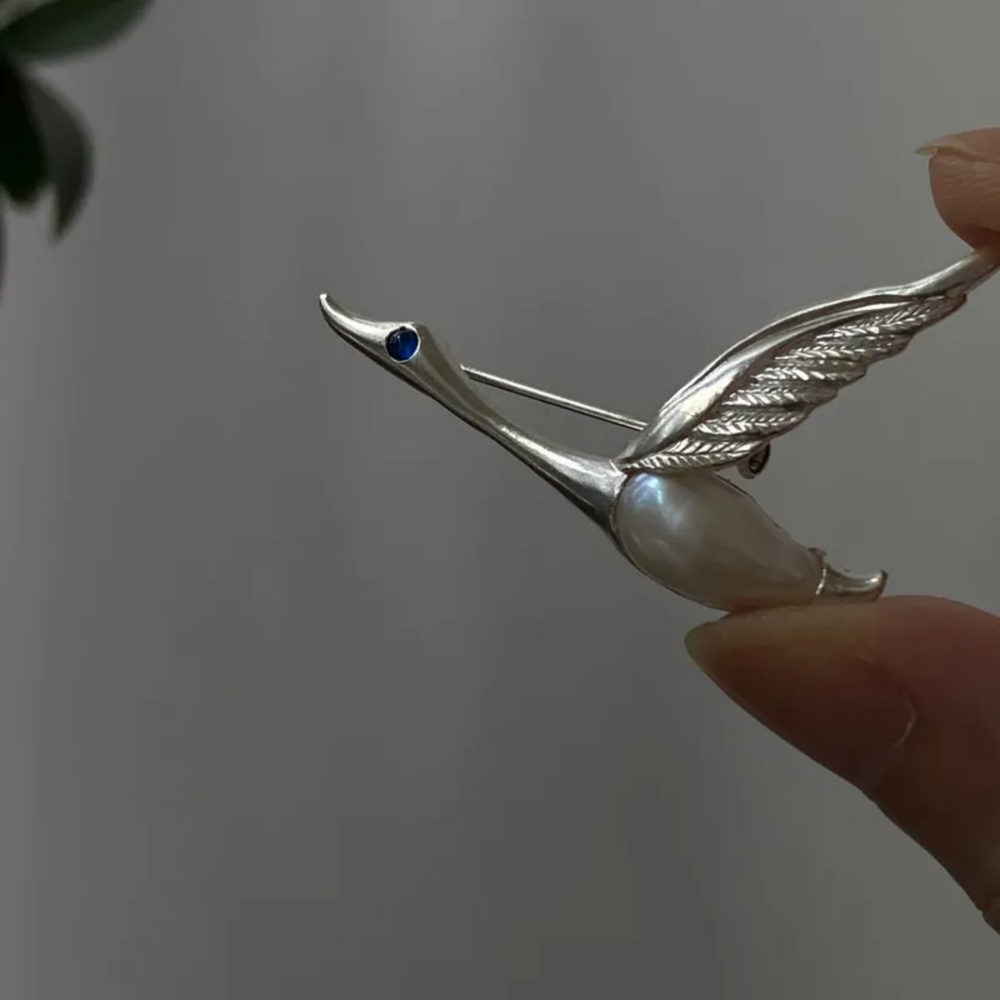 925 Silver Goose Brooch Pendant | Pearl & Sapphire Bird Jewelry | Handmade Animal Totem Gift for Her or Long-Distance Love