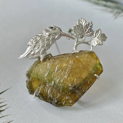 Bird Brooch Pendant in 925 Silver with Raw Tourmaline | Handmade Nature Spirit Jewelry | Symbol of Hope & Meaningful Gift for Her