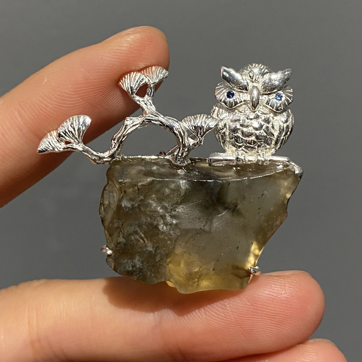 Owl Brooch Pendant | 925 Silver & Tektite Glass | Handmade Wisdom Totem Jewelry Gift for Protection & Reflection