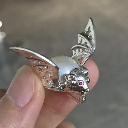 Bat Brooch Pendant | 925 Silver & Freshwater Pearl | Handmade Gothic Totem Jewelry Gift for Protection & Insight